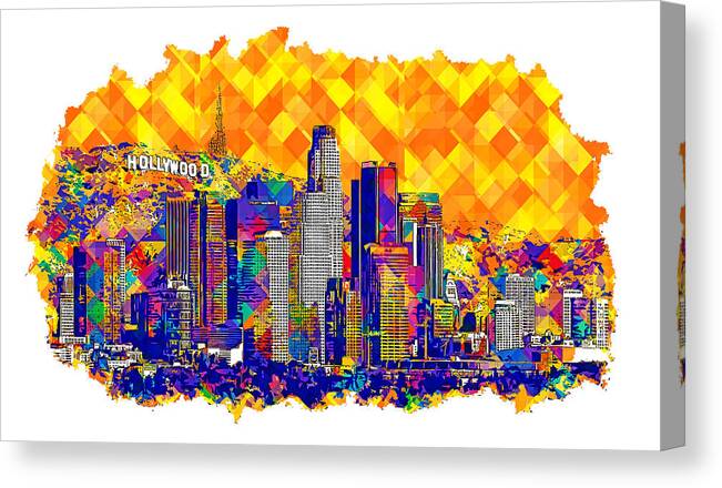 Los Angeles Canvas Print featuring the digital art Downtown Los Angeles skyline with the Hollywood sign in the background - colorful digital painting by Nicko Prints