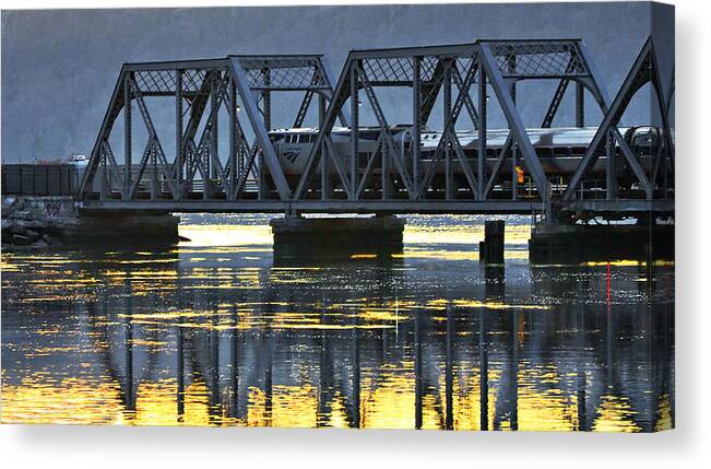 Sunset Canvas Print featuring the photograph Amtrak Empire Service on Spuyten Duyvil Bridge at Sunset by Steve Ember