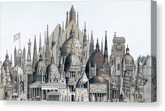 Travel Canvas Print featuring the drawing Famous buildings around the world by Mango Art