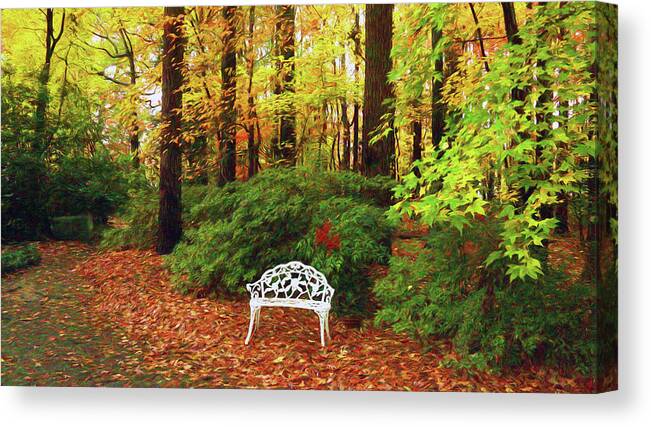 Bench Canvas Print featuring the photograph Find Your Peace in Autumn on a Bench by Ola Allen