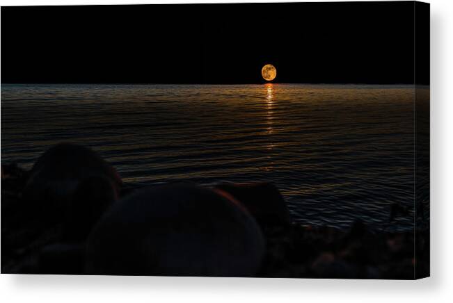 Flower Moon Canvas Print featuring the photograph Flower Moon over Higgins Lake by Joe Holley