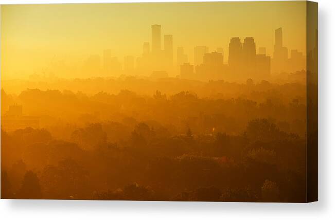 Orange Color Canvas Print featuring the photograph Foggy morning over Toronto's skyline by Roland Shainidze Photogaphy