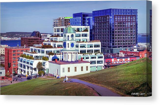 Architecture Canvas Print featuring the photograph Halifax Town Clock and Halifax Skyline by Ken Morris