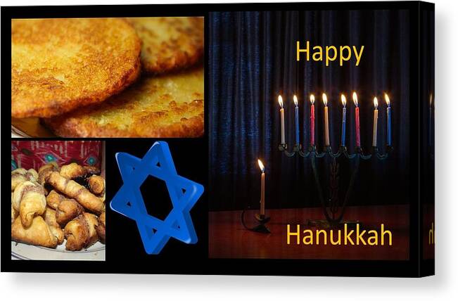 Hanukkah Canvas Print featuring the mixed media Happy Hanukkah Food by Nancy Ayanna Wyatt