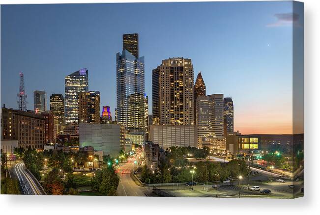 Cityscape Canvas Print featuring the photograph Houston's Night Skyline by James Woody