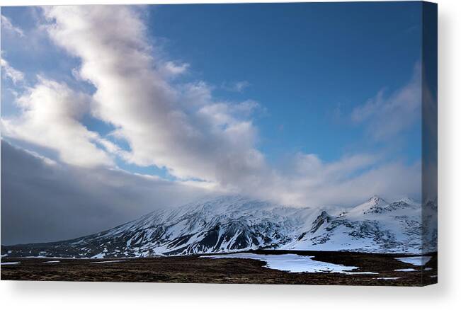 Iceland Canvas Print featuring the photograph Icelandic landscape with mountains covered in snow at snaefellsnes peninsula in Iceland by Michalakis Ppalis
