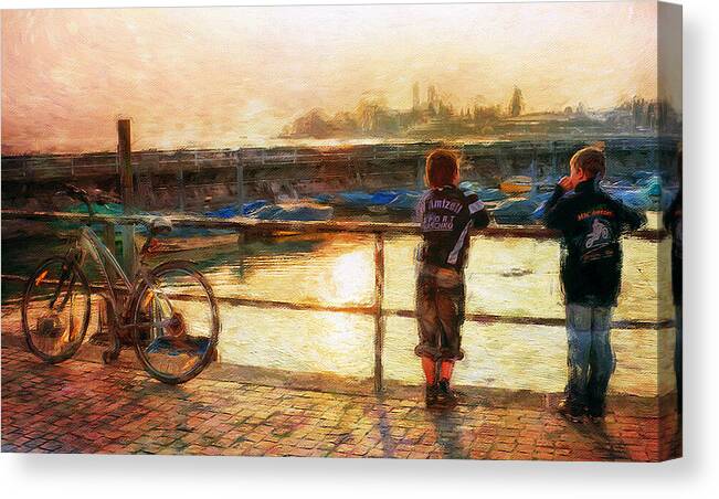 Sunset Canvas Print featuring the mixed media Kids by Lake Constance at sunset by Tatiana Travelways