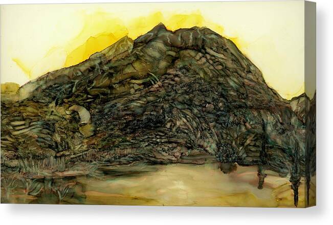 Mountain Canvas Print featuring the painting Learning patience at the tarn by Angela Marinari