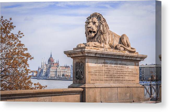 Architecture Canvas Print featuring the digital art Lion of Budapest by Kevin McClish