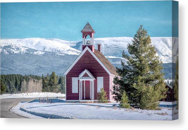 Colorado Canvas Print featuring the photograph Little Schoolhouse in the Shadow of the Rockies by Marcy Wielfaert
