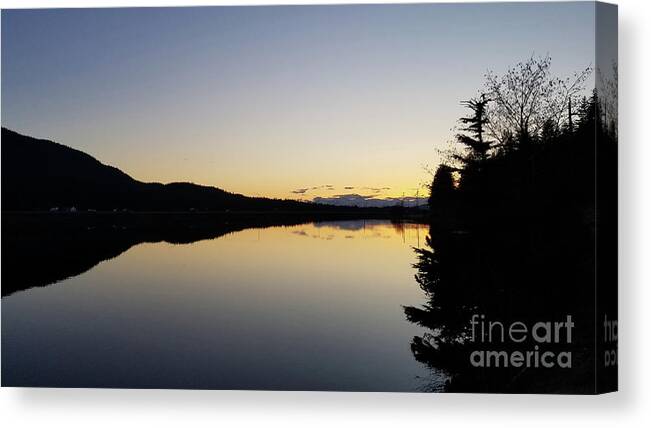 #alaska #juneau #ak #cruise #tours #vacation #peaceful #reflection #twinlakes #douglas #capitalcity #clearskies #postcard #evening #dusk #sunset Canvas Print featuring the photograph Mirror Image at Nightfall by Charles Vice