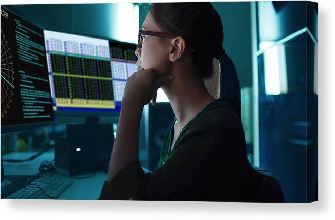 Computer Crime Canvas Print featuring the photograph Monitors Asian Woman by Laurence Dutton