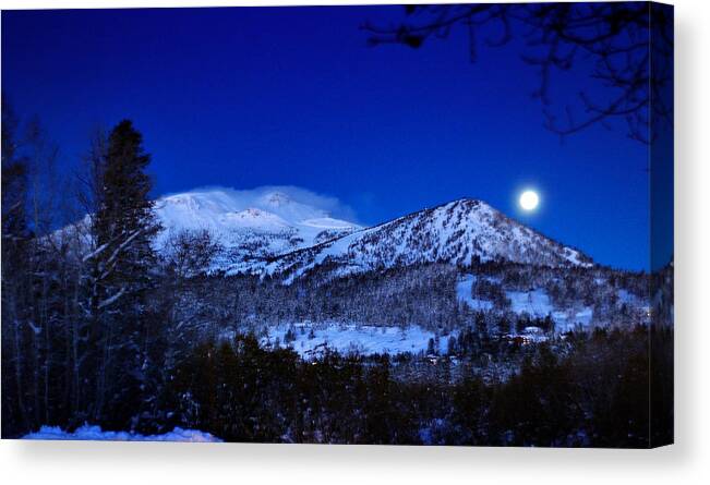 Full Moon Canvas Print featuring the photograph Moonset over Mammoth Mountain, Mammoth Lakes, California by Bonnie Colgan