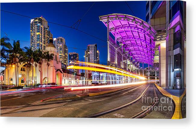 Track Canvas Print featuring the photograph Night Lights of Urban Transportation by Sam Antonio