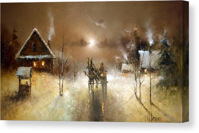 Russian Artists New Wave Canvas Print featuring the painting Night Thaw in Winter Village by Igor Medvedev