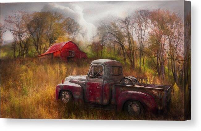 Barns Canvas Print featuring the photograph Old Rusty Truck along the Autumn Backroads Painting by Debra and Dave Vanderlaan