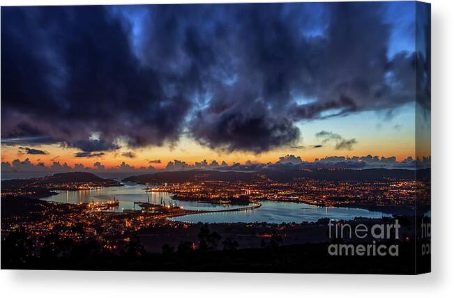 Port Canvas Print featuring the photograph Panoramic View of Ferrol Estuary with Bridge and Shipyards Stormy Sky at Dusk La Corua Galicia by Pablo Avanzini