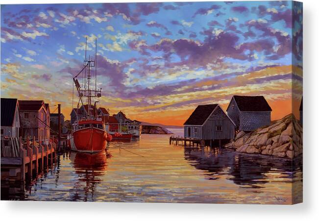 Sunset Canvas Print featuring the painting Peggy's Cove by Hans Neuhart