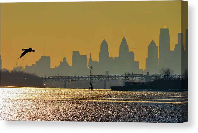 Philadelphia Canvas Print featuring the photograph Philadelphia Skyline with Gull at Sunset as Seen from Amico Island by Linda Stern