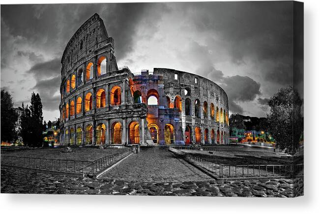 Coloseum Canvas Print featuring the photograph Rainwashed Coloseum at Dawn by John Bartosik