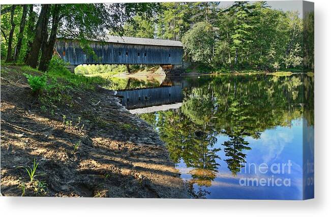 Reflection Canvas Print featuring the photograph Reflections at the Covered Bridge by Steve Brown