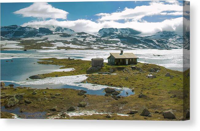 Blue Sky Canvas Print featuring the photograph Remote Cabin in Norway by Matthew DeGrushe