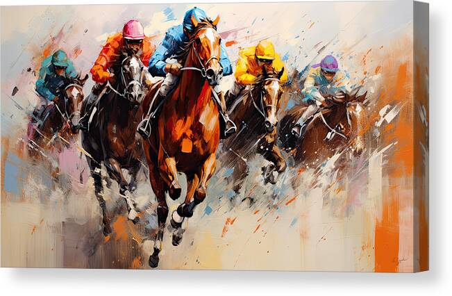 Horse Racing Canvas Print featuring the painting Rush of the Race - Horse Racing Art by Lourry Legarde