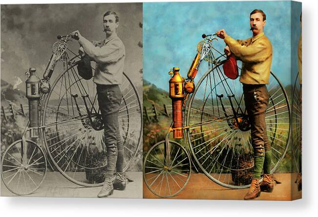 Steampunk Canvas Print featuring the photograph Steampunk - The Steampowered Bicycle 1884 - Side by Side by Mike Savad