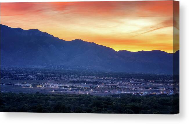 New Mexico Canvas Print featuring the photograph Sunrise over Albuquerque by Susan Rissi Tregoning