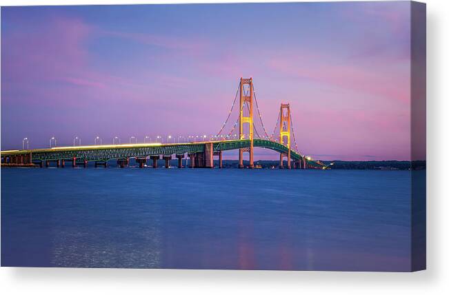 Bridge Canvas Print featuring the digital art Sunset at Mackinac Bridge by Kevin McClish