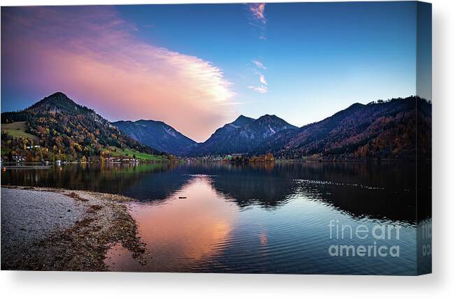 Schliersee Canvas Print featuring the photograph Sunset at the Schliersee II 16x9 by Hannes Cmarits