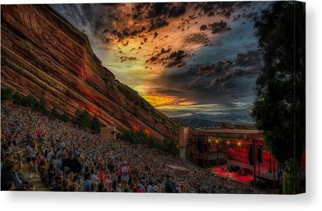 Red Rocks Amphitheater Canvas Print featuring the photograph Sunset Concert At Red Rocks Amphitheater by Mountain Dreams