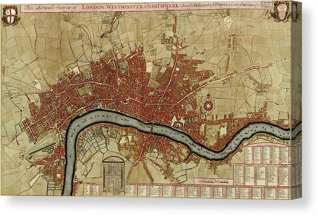 Maps Canvas Print featuring the drawing Survey of London Westminster and Southwark 1700 by Vintage Maps