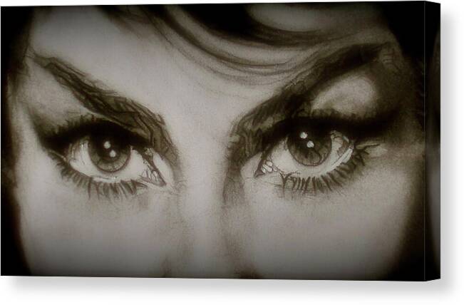 Charcoal Pencil On Paper Canvas Print featuring the drawing Gina Lollobrigida's Eyes - detail by Sean Connolly