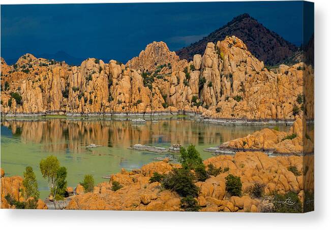 Fall Colors Granite Dells Boulders Water Lake Revivor Fstop101 Prescott Arizona Red Blue Colorful Rock Dark Clouds Summer Monsoon Storm Canvas Print featuring the photograph The Granite Dells - Monsoon Storm in the distance by Geno