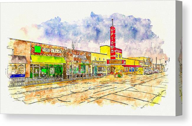Uptown Theatre Canvas Print featuring the digital art The historic Uptown Theatre in downtown Grand Prairie, Texas - pen sketch and watercolor by Nicko Prints