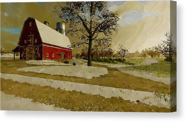 Winter Canvas Print featuring the painting The Red Barn by Charlie Roman