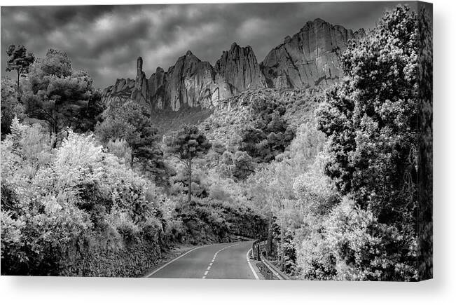 Spain Canvas Print featuring the photograph The Road to Montserrat, Infrared Version by Marcy Wielfaert