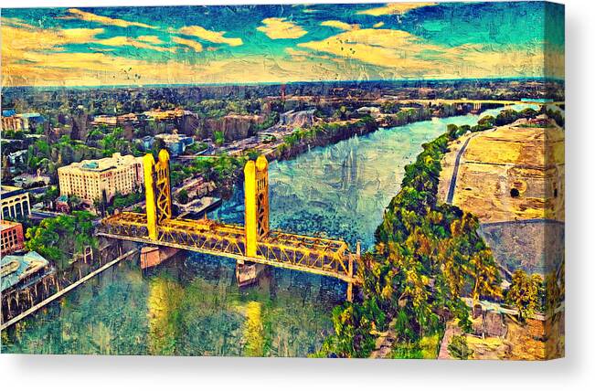 Tower Bridge Canvas Print featuring the digital art Tower Bridge over Sacramento River - digital painting by Nicko Prints
