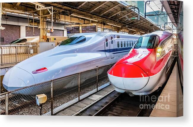 Shinkansen Canvas Print featuring the photograph Two Shinkansen at the Tokyo Station by Lyl Dil Creations