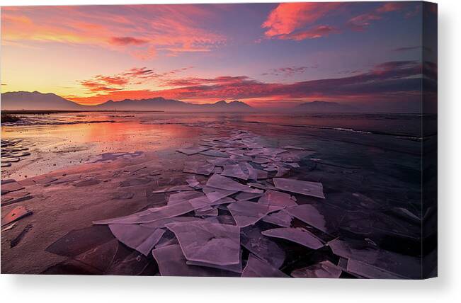 Utah Lake Canvas Print featuring the photograph Utah Lake Ice Sunrise by Wesley Aston