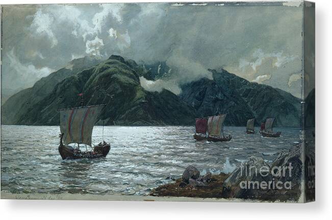 Hans Gude Canvas Print featuring the painting Viking ship under sail at Sognefjorden, 1889 by Hans Gude
