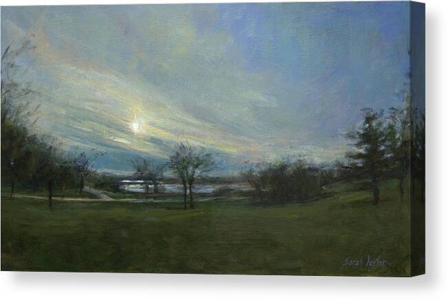 Sun Canvas Print featuring the painting Winter Sun Over a Reservoir by Sarah Yuster