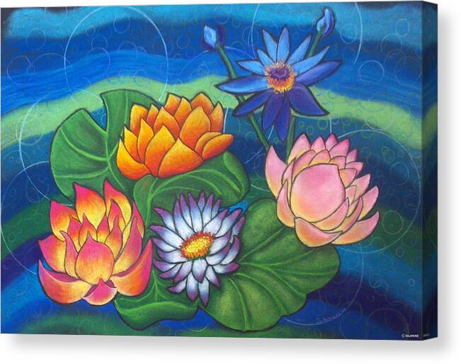 Lotus Waterlilies Lilypads Color Water Pond Nature Flowers Canvas Print featuring the pastel Lotii by Brenda Salamone