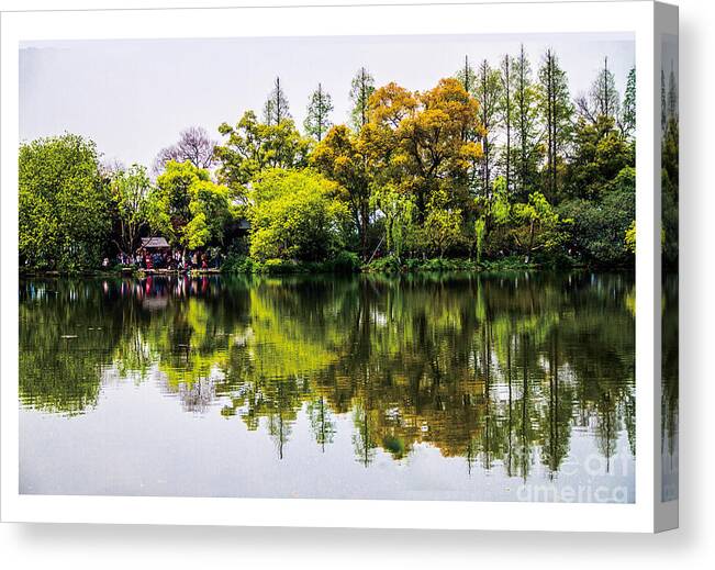 Green Canvas Print featuring the painting Mirror Lake by Philip HP Wong