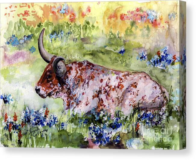 Texas Canvas Print featuring the painting Texas Longhorn In Blue Bonnets by Ginette Callaway
