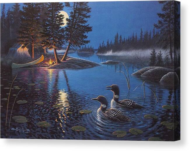 Loons Canvas Print featuring the painting Wilderness Echoes-loon's by Don Ningewance