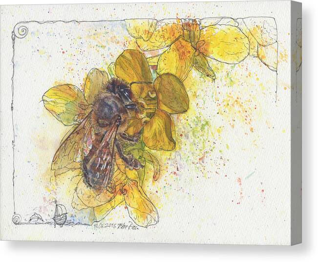 Bees Canvas Print featuring the painting Bee and Brassica blossom by Petra Rau