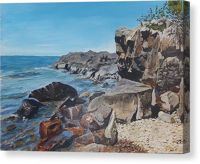 Coastline Canvas Print featuring the painting Among The Rocks by William Brody