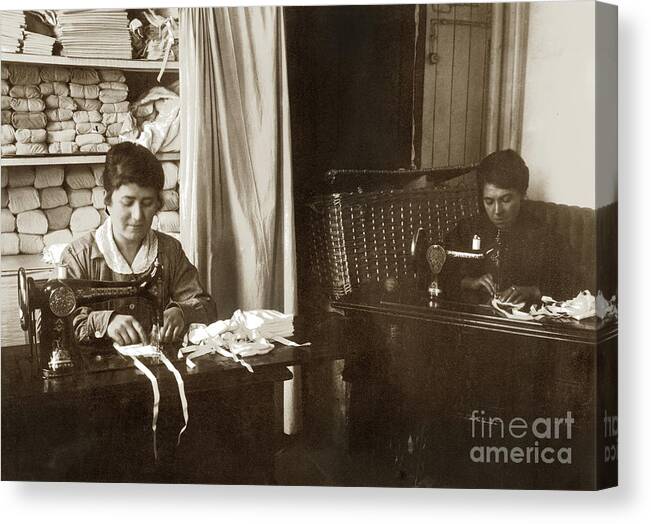 Ladies Making Face Mask Canvas Print featuring the photograph Ladies making face masks on singer sewing machine Circa 1918 by Monterey County Historical Society